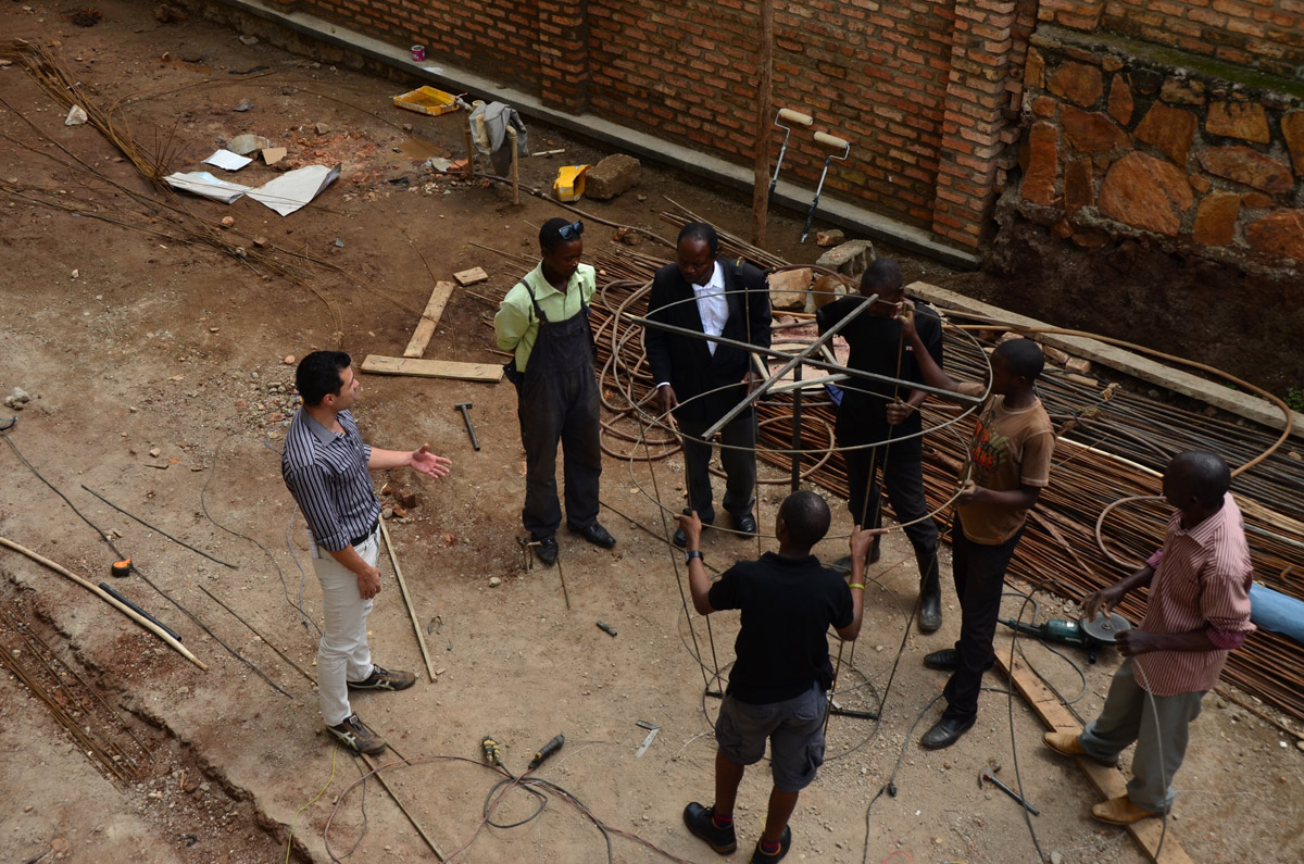 Simon Foreman, My Agaseke — under construction, baskets suspended on strings